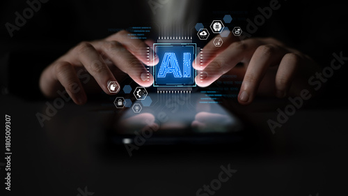 An enterprise AI platform concept. The central processor integrates with business solutions like cloud computing, security, and process automation for corporate growth and innovation. Fermion