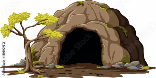 A cartoon illustration of a cave entrance with a gnarled tree and mossy rocks