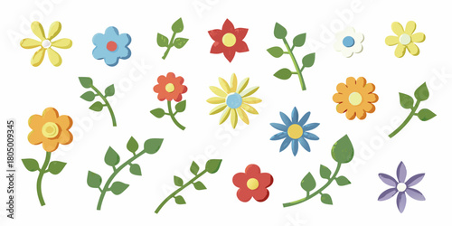 Collection of colorful cartoon flowers and green leafy branches on a white background