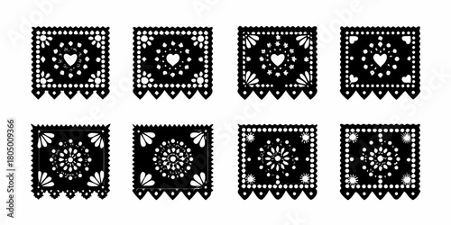 Collection of eight black papel picado banners with intricate floral and heart designs on a white background