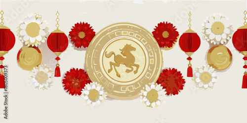 Golden horse emblem surrounded by red lanterns and chrysanthemum flowers for chinese new year celebration