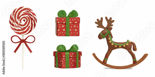 Festive christmas objects including a striped lollipop wrapped gifts and a wooden rocking reindeer toy