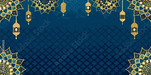 Elegant dark blue background with golden islamic lanterns and intricate mandalas for ramadan and eid celebrations