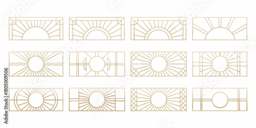 Collection of twelve elegant geometric art deco sunburst and circular frame designs in gold on white background