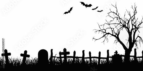 Spooky halloween silhouette of a graveyard with bats flying over a barren tree and a broken fence