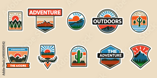 Collection of vintage style outdoor adventure and travel badges and stickers