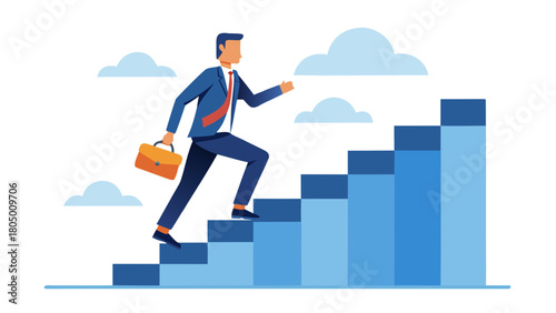 Vector illustration of businessman climbing up bar chart graph