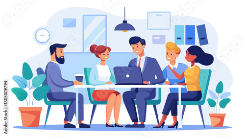 Vector illustration of diverse business team meeting at office desk