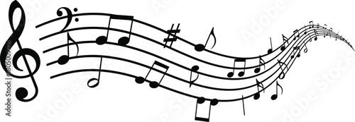 Musical notes and treble clef on flowing staff, music wave melody vector design, creative sound rhythm art illustration