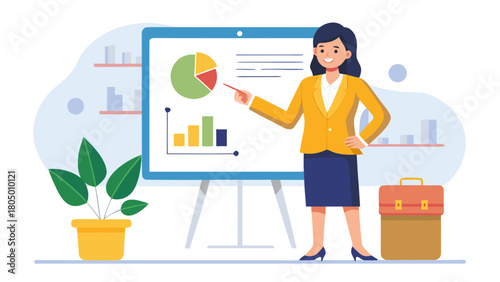 Vector illustration of businesswoman presenting data on whiteboard