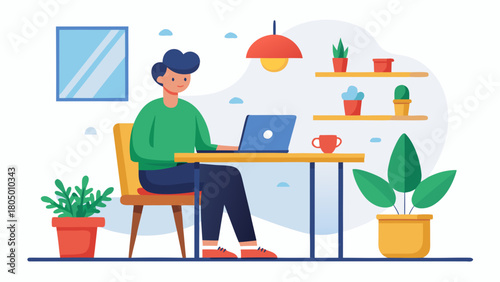 Young man sitting at a desk working on a laptop computer in a cozy home office environment with plants