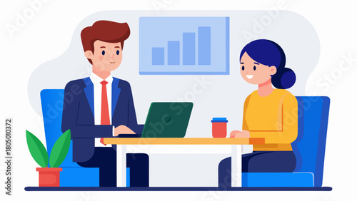 Two diverse business professionals collaborating at a desk with a laptop and growth chart on the wall