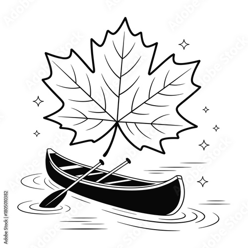 a canoe floating on water with paddle and oversized leaf beneath moonlight and stars, detailed vector artwork suitable for outdoor,
