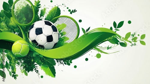 Fototapeta Naklejka Na Ścianę i Meble -  Vibrant green foliage frames a soccer ball and tennis ball with rackets, abstract sport design