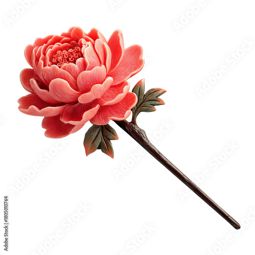 Exquisite coral peony flower hair stick isolated on transparent background, a traditional chinese hair accessory