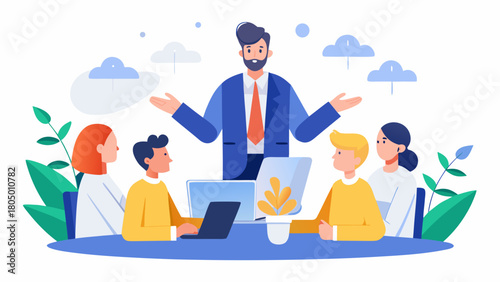 Diverse team collaborating during a business meeting with a leader presenting ideas and solutions