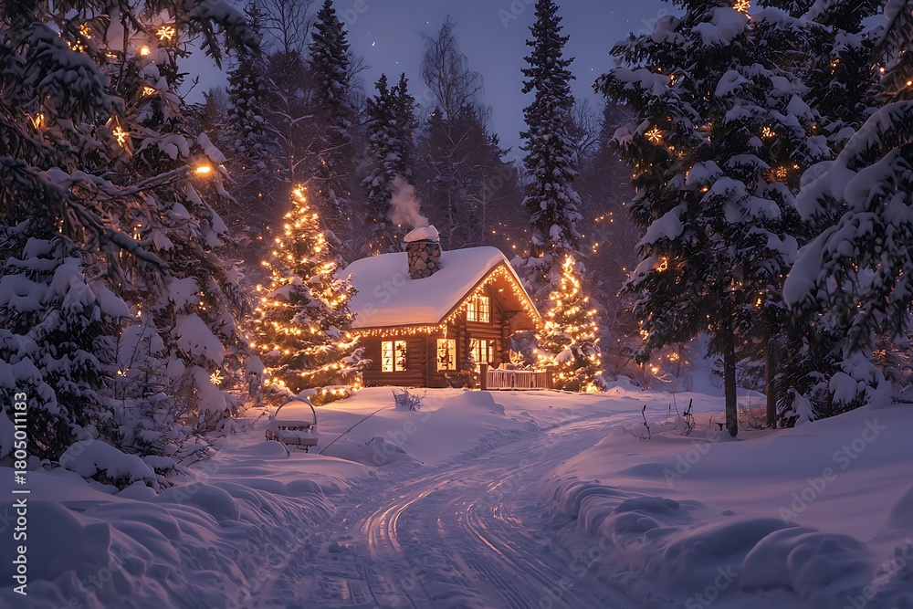 Naklejka premium Peaceful winter retreat featuring glowing cabin windows and sparkling snowy trees image