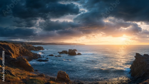 Dramatic coastal sunset over rocky shoreline. AI image