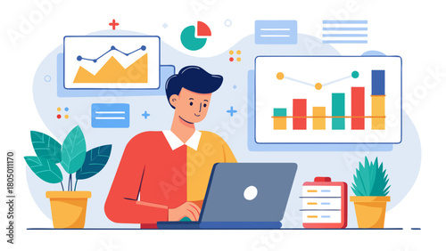 Man working on laptop with financial charts and graphs on screen in modern office setting