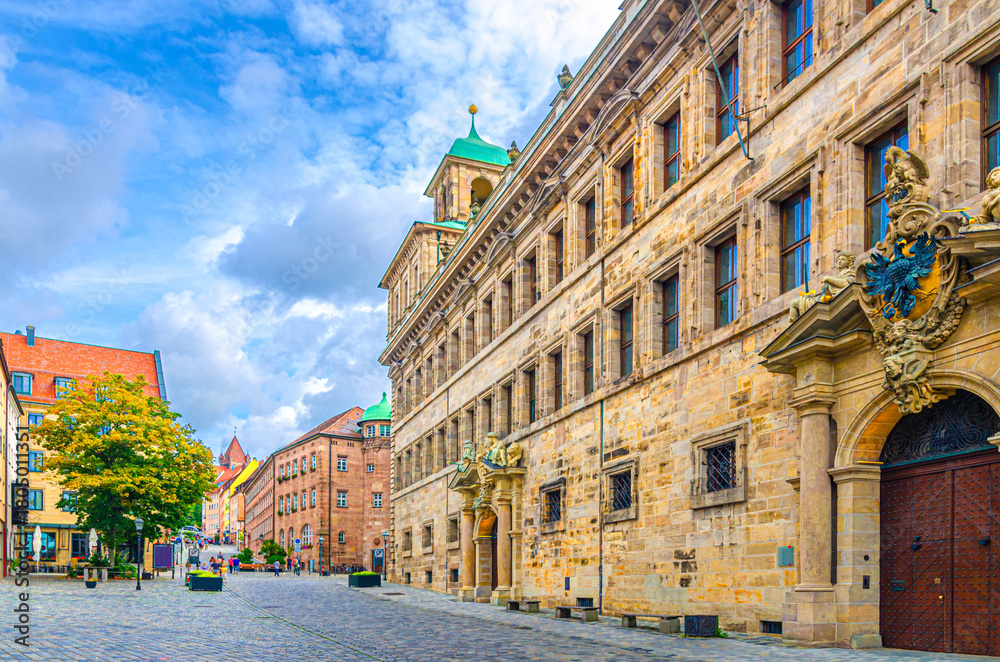 Fototapeta premium City Hall medieval building Rathaus on pedestrian Town Hall square Rathausplatz in Old town Nuremberg city historical center, Middle Franconia region, Bavaria state, Germany