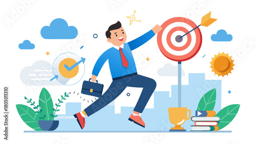 Successful businessman reaching his goal by hitting the bullseye on a target with an arrow
