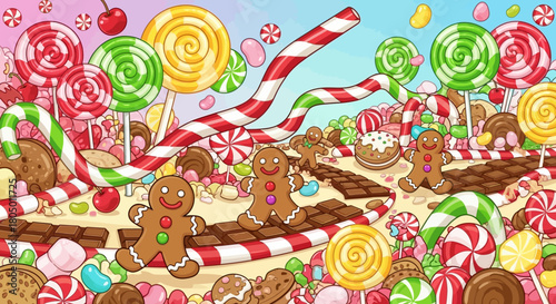 Whimsical gingerbread characters explore a vibrant, fantastical candy land filled with oversized lollipops and sweet treats