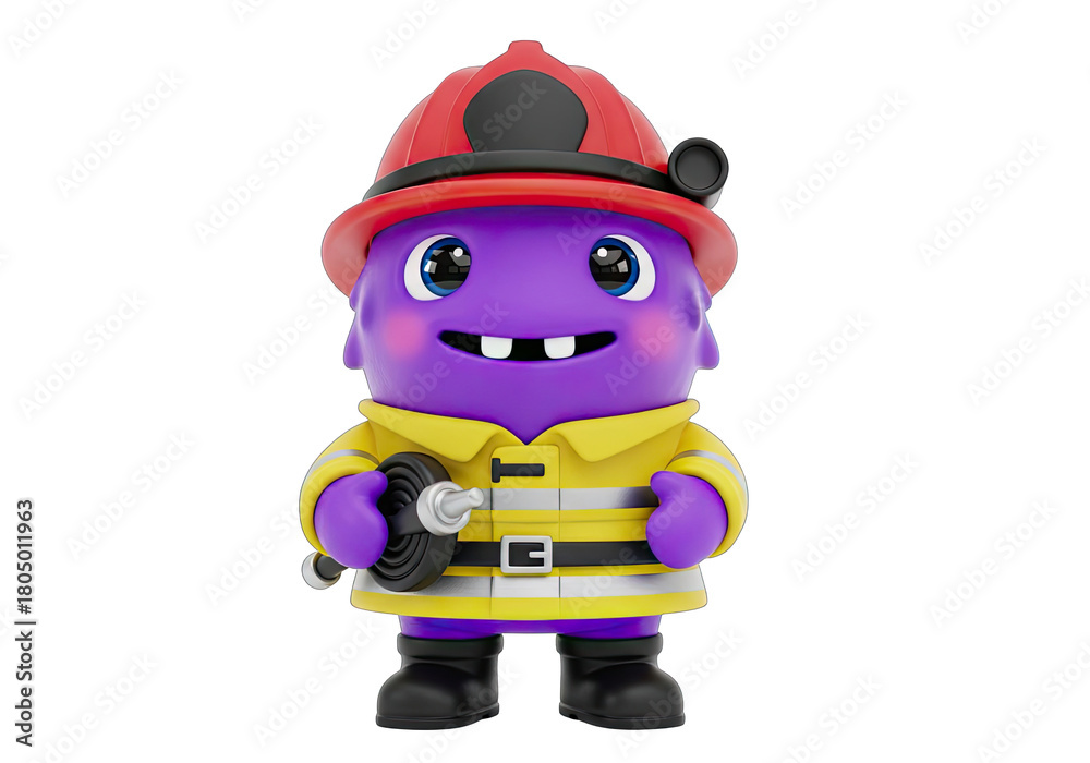 Fototapeta premium Adorable purple alien fireman with fire hose standing on black background