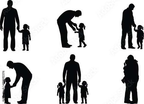 Parent and children silhouette collection, family bonding vector set, father holding hands with kids, childcare love illustration art