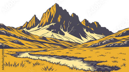 Rocky mountain peak with a clear reflection in a calm lake, surrounded by dry golden grass, isolated vector design for nature scenes.