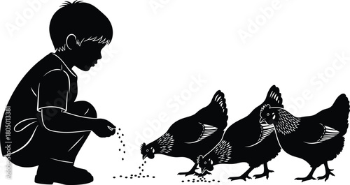 Silhouette boy feeding chickens on farm, child caring for poultry, rural countryside life, agriculture, organic food, animal care illustration