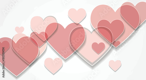 A cascade of soft pink and red hearts overlapping on a clean white background