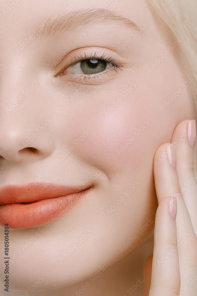 Obraz premium Stunning close-up of a woman's flawless skin and gentle smile, showcasing natural beauty and a touch of radiant blush