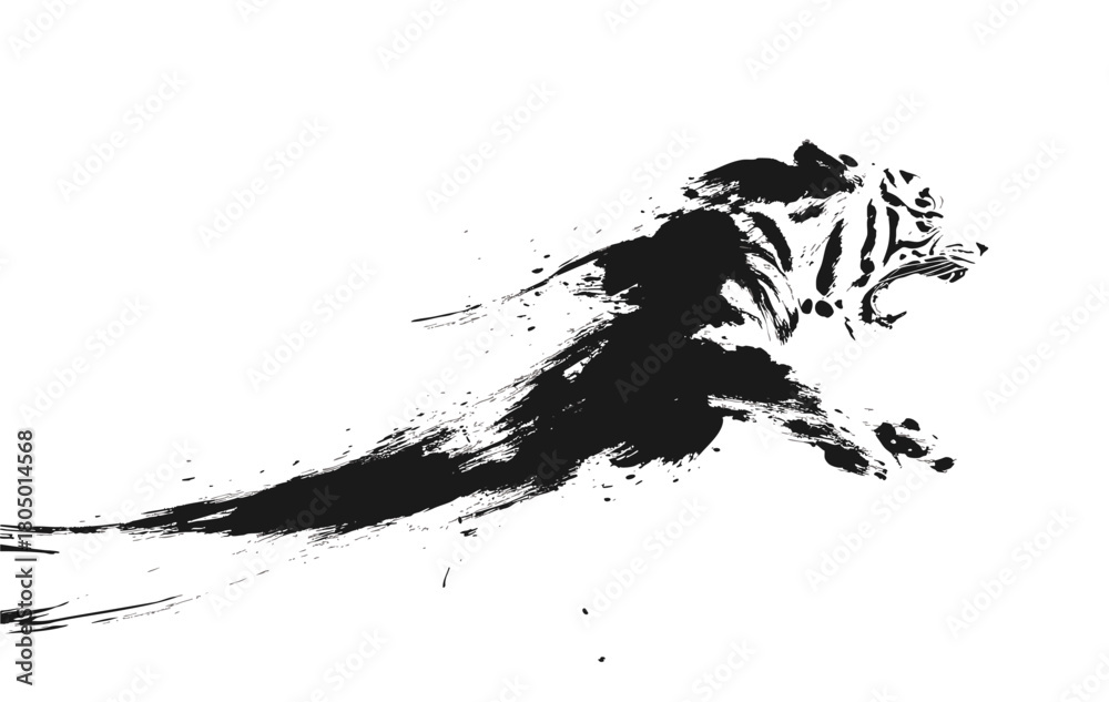 Naklejka premium Abstract ink brush illustration of a tiger, inspired by Asian art. Chinese zodiac