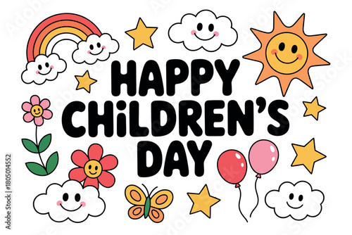 Happy Children's Day celebration with cheerful sun, rainbow, clouds, stars, flowers, balloons, and a butterfly.