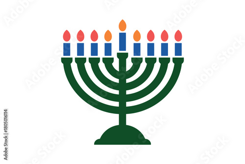 A menorah with nine candles, representing the Hanukkah holiday, is illuminated against a stark white background, symbolizing light and celebration.