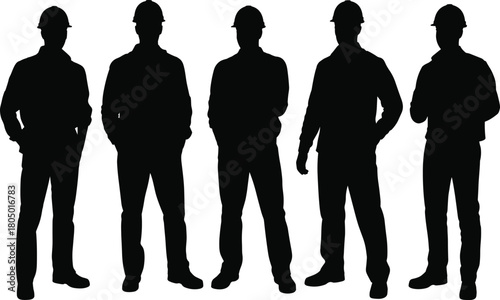 Silhouette group of construction workers wearing safety helmets, industrial engineering team standing together, labor workforce illustration, employment teamwork concept