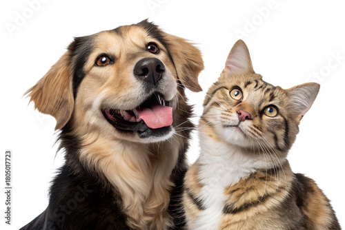 Portrait of a happy dog and cat looking at the camera together, isolated on a transparent background. The image captures the beautiful friendship and harmony between the pets, showing their joyful exp
