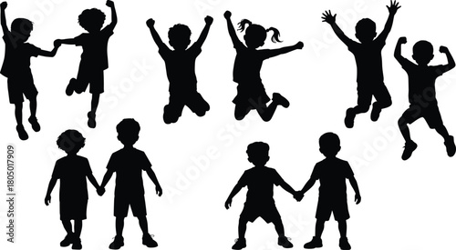 Silhouette group of happy children jumping and holding hands, fun childhood playtime illustration, kids friendship outdoor activity concept