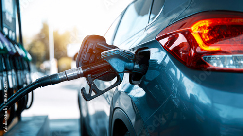 A car is refueling at a outdoors gas station in an urban setting. A close-up of the fuel pump being inserted into the tank. Gas pump nozzles