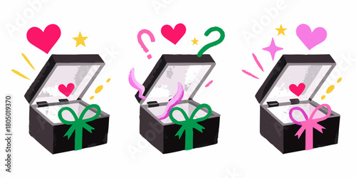Three open gift boxes with hearts and question marks symbolizing surprise and love