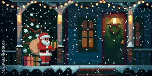 Pixel art santa claus with gifts standing on a snowy porch with a decorated christmas tree and festive lights
