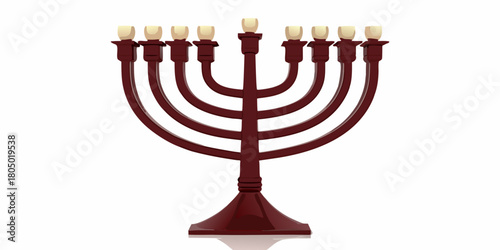 A traditional seven branched menorah with unlit candles stands on a reflective surface against a white background