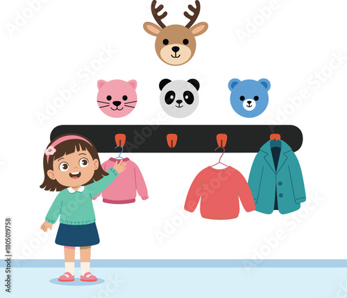 Cute little girl choosing clothes from animal-themed wall hooks, children wardrobe organization illustration for preschool learning, kindergarten dressing activity art