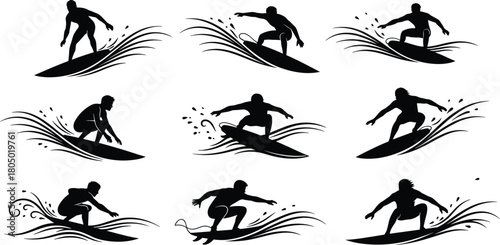 Silhouette surfers riding ocean waves, surfing vector illustration, extreme water sports artwork, surfboard athlete design, beach adventure graphic