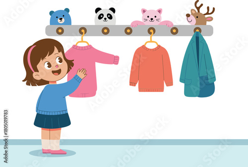 Cute little girl choosing clothes from animal-themed wall hooks, children wardrobe organization illustration for preschool learning, kindergarten dressing activity art