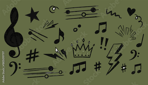 Collection of hand drawn music notes symbols and icons on olive green background