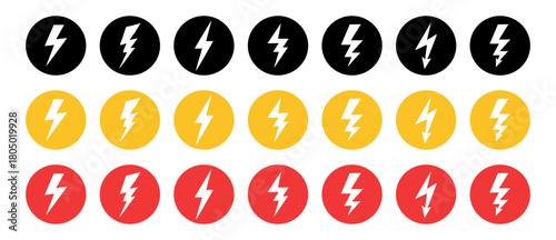 Lightning bolt icon vector set, colorful circle buttons, energy, electric power, symbol collection, isolated on transparent background