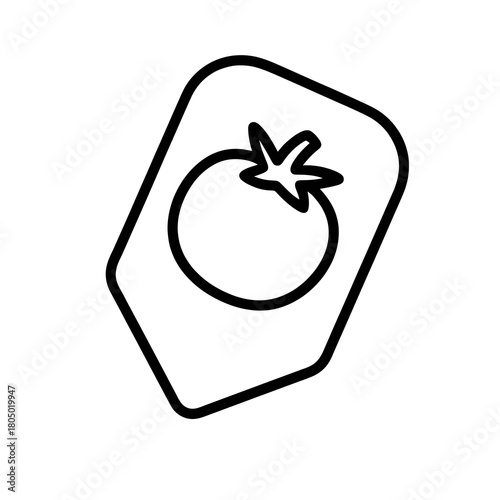 Thin-line angled tomato icon inside rounded tag pin, transparent PNG, ideal for fresh produce and healthy nutrition UI.