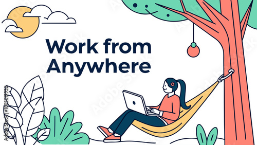 “Digital nomad quote: “Work From Anywhere” with laptop and hammock, modern vector”