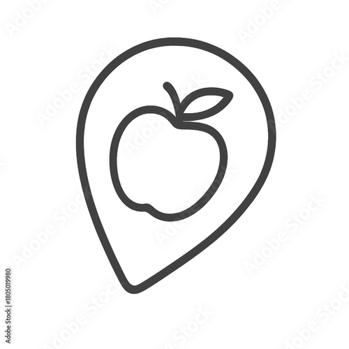 Thin-line apple icon slightly angled inside seed-shaped pin, transparent PNG, ideal for healthy food apps and fruit category indicators.